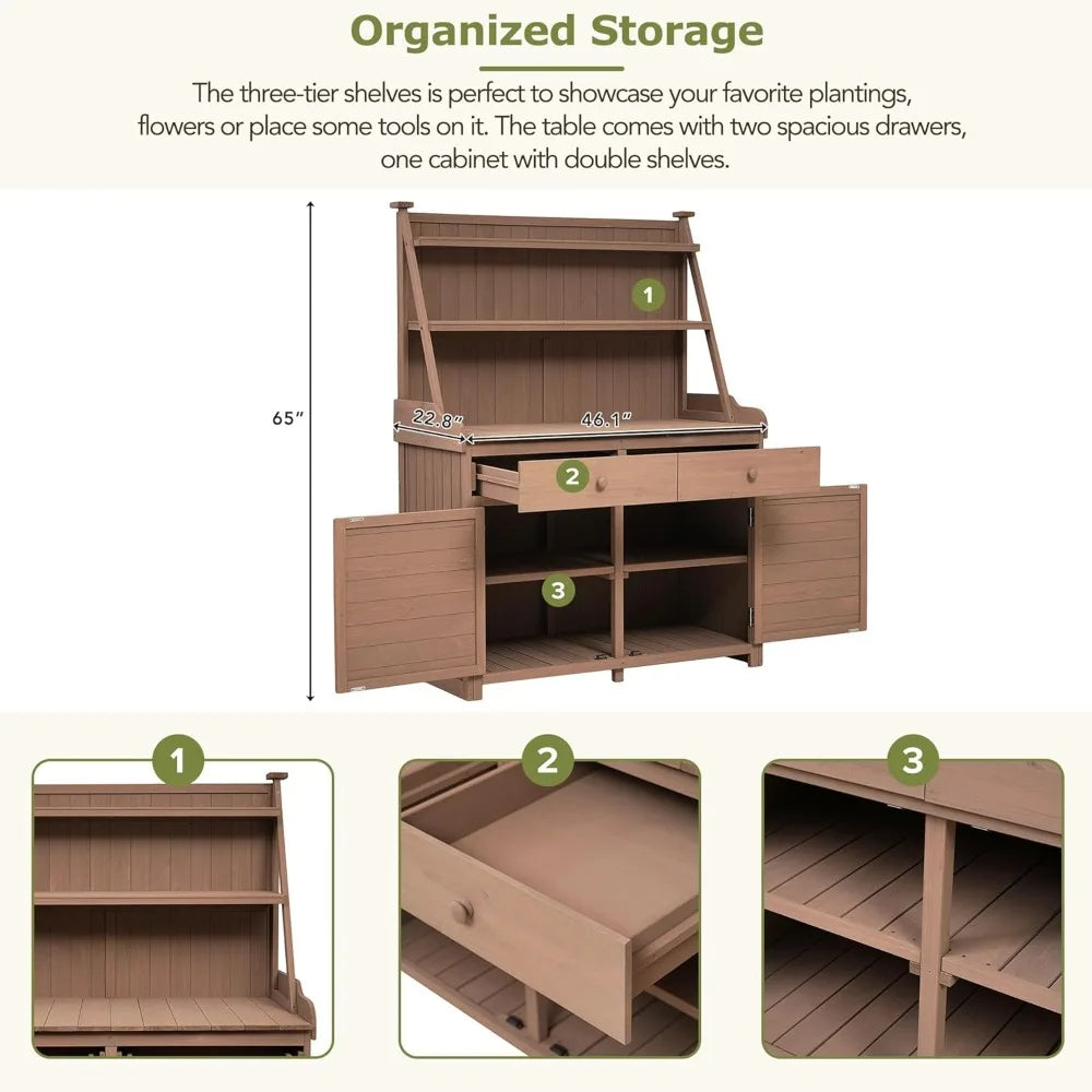 Garden Potting Bench Table, Fir Wood Workstation with Storage Shelf, Drawer and Cabinet, Brown