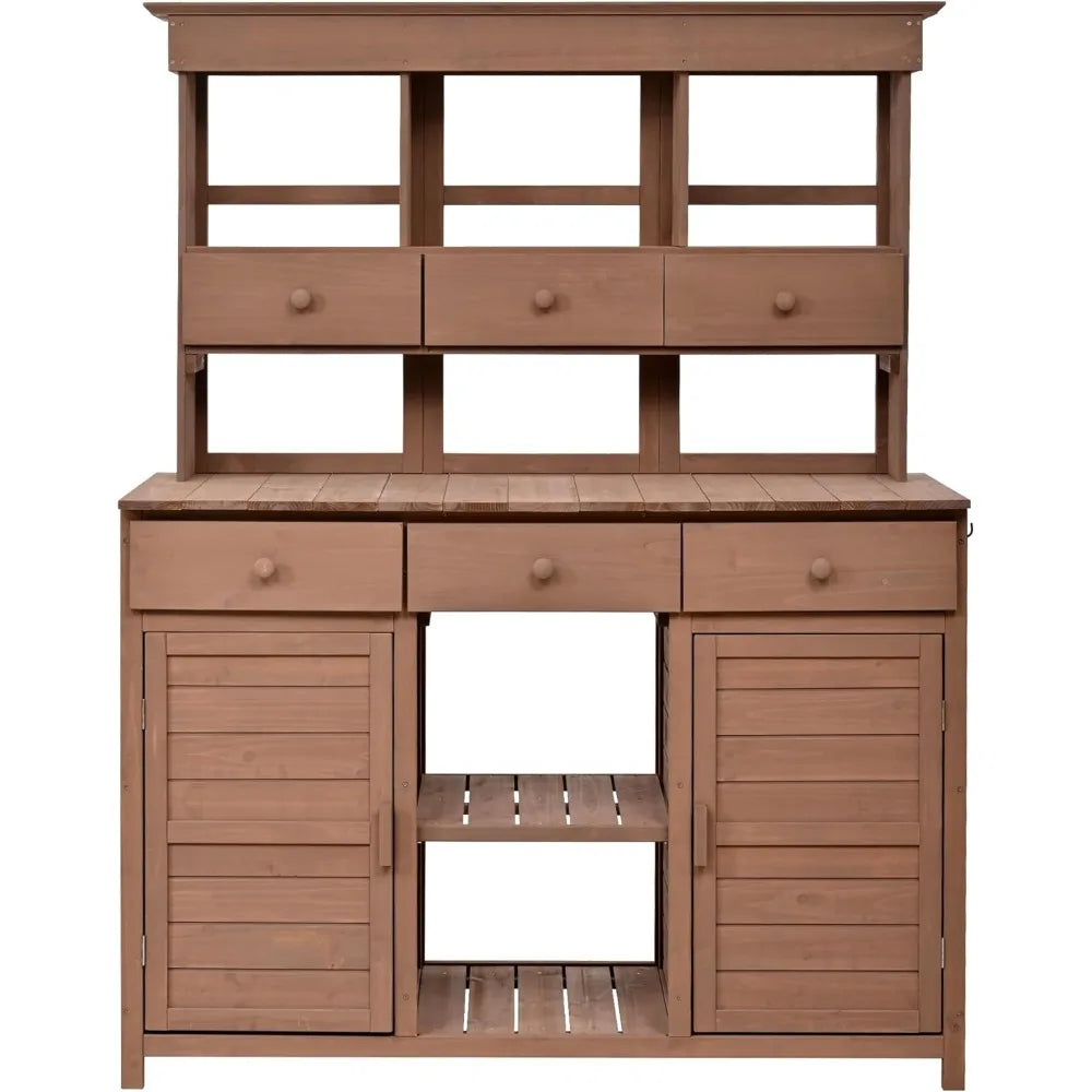 Large Outdoor Potting Table with Storage, Wood Garden Potting Bench, Garden Work Bench, 65 inch Outdoor Potting Bench Table