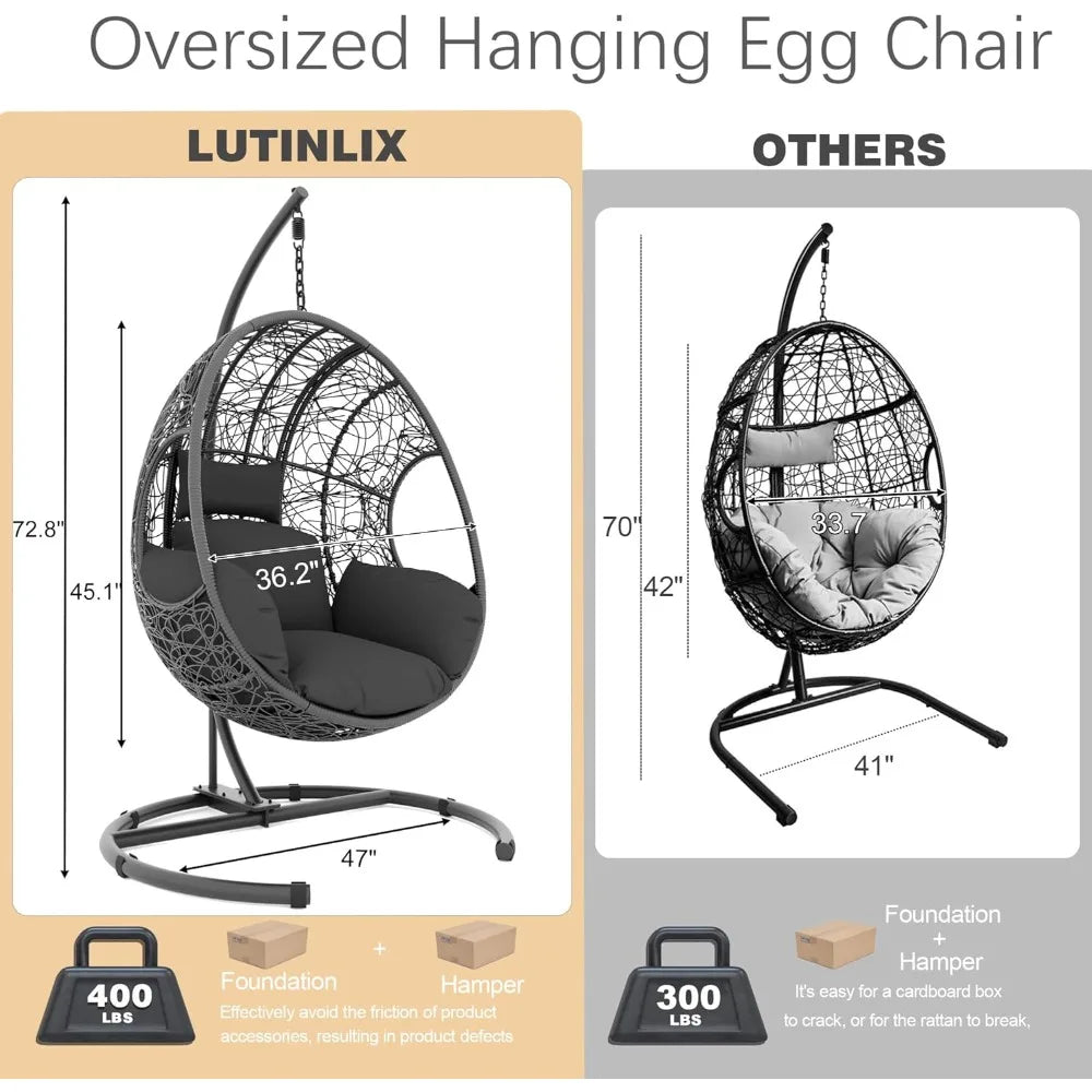 Oversized Hanging Egg Chair Outdoor Indoor, Wicker Swing Egg Chair with Stand 400lbs Capacity for Bedroom, Patio, Garden and Bal