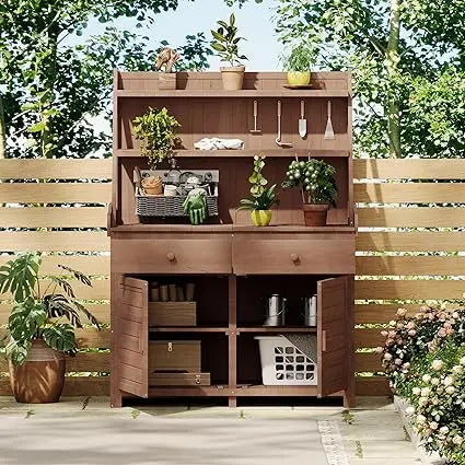Garden Potting Bench Table, Fir Wood Workstation with Storage Shelf, Drawer and Cabinet, Brown