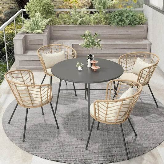 5-Piece Outdoor Dining Set, Patio Dining Table Chair Set, 1 Round Dining Table with Umbrella Hole and 4 Metal Frame Wicker