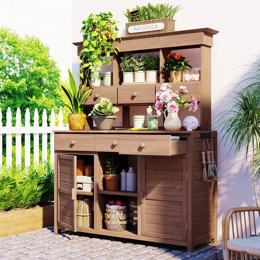 Large Outdoor Potting Table with Storage, Wood Garden Potting Bench, Garden Work Bench, 65 inch Outdoor Potting Bench Table