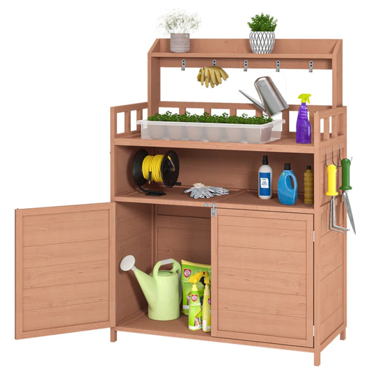 Outdoor potted plant workbench, garden planting workstation, terrace with storage cabinet and roof rack, side with hooks