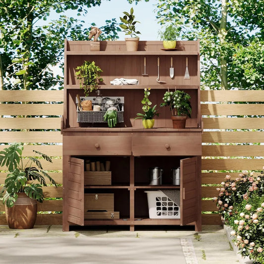 Garden Potting Bench Table, Fir Wood Workstation with Storage Shelf, Drawer and Cabinet, Brown