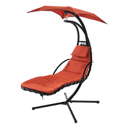 Hanging Chaise Lounger With Removable Canopy, Outdoor Swing Chair With Built-in Pillow, Hanging Curved Chaise Lounge Chair Swing