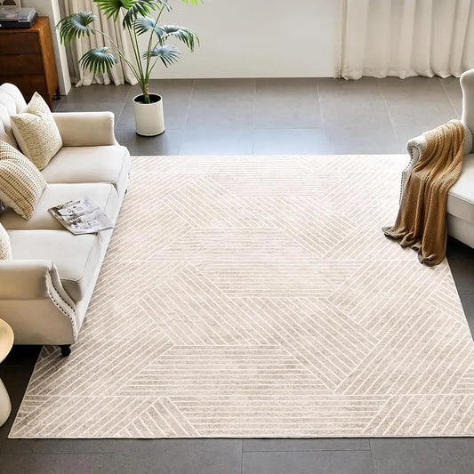 8X10 Washable Area Rug Beige, Geometric Neutral Design,