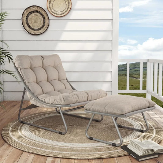 Outdoor Lounge Chair with Foot Stool, Comfy Sling Recliner Chair with Puffy Cushion and Foot Rest, Modern Patio Furniture Set f