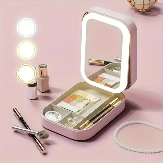 Portable LED Vanity Mirror with USB Charging, Pink Leather Case, Jewelry Storage, Rechargeable & Foldable for Travel, Students,