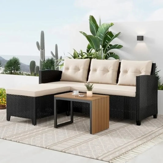Patio Conversation Set - 3 Piece Patio Sectional Sofa Set, Coffee Table, Black/Beige